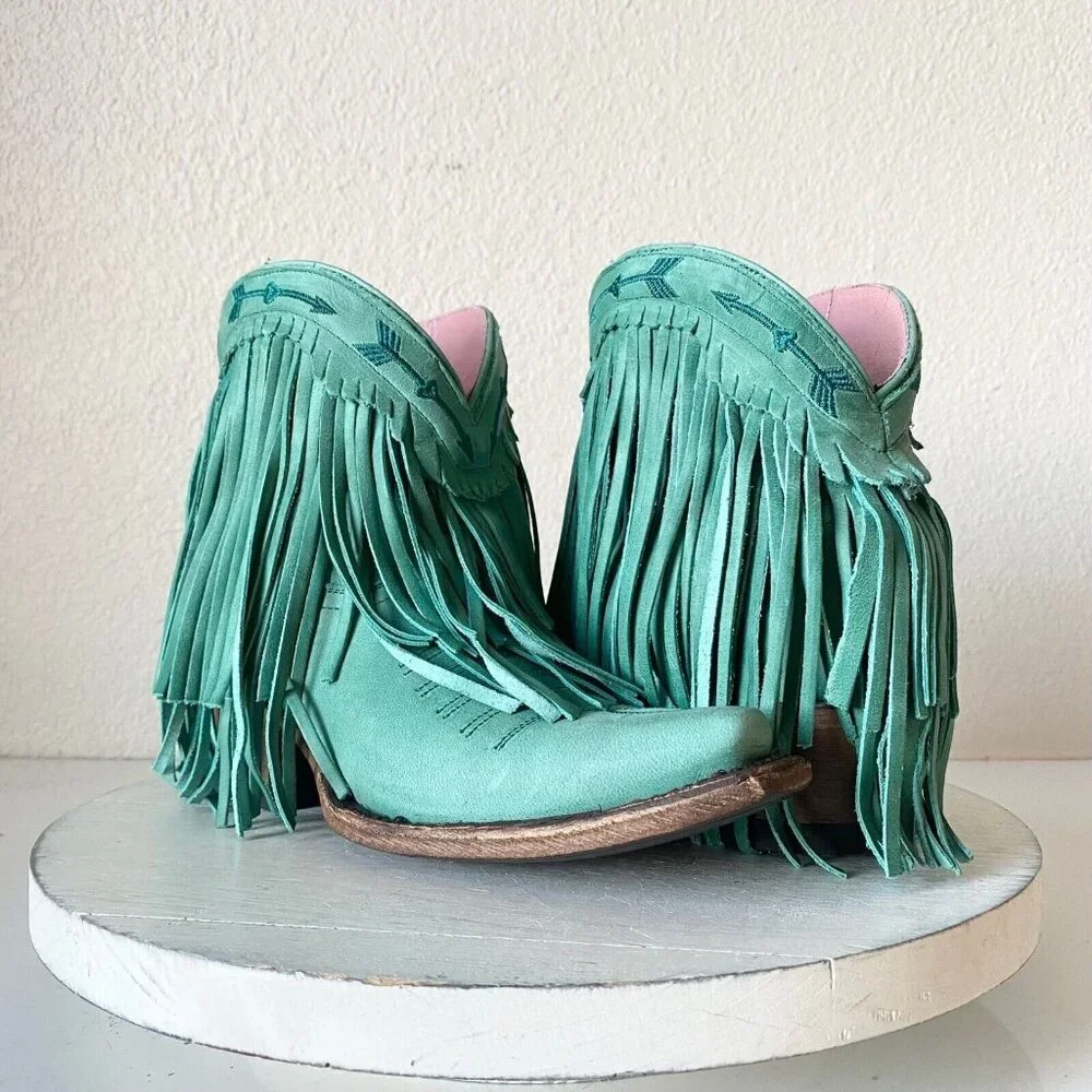 Lane Junk Gypsy Spitfire Fringe Cowboy Boots Turquoise Short Ankle Booties 5 New